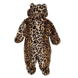 Liv & Lottie Baby Girls Cozy Leopard Faux Fur 3D Ear Hoodie One Piece Bodysuit
